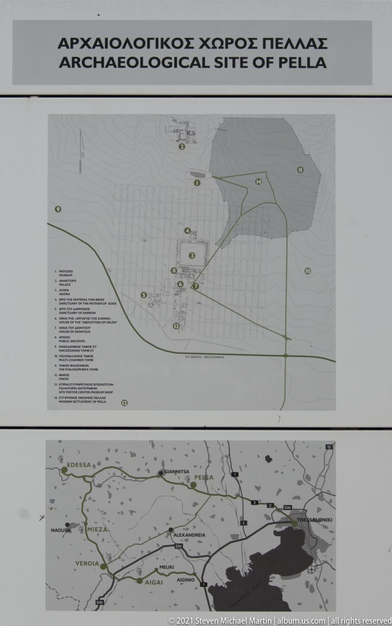 Interpretive panel with a numbered plan of Pella above a regional map of the surrounding area.