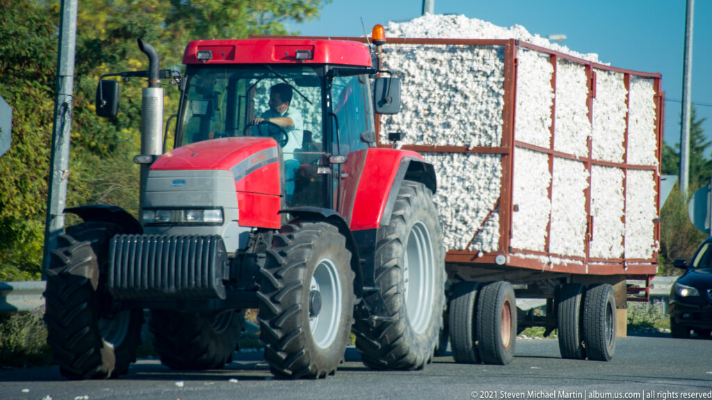 Red tractor pulling a tall red-framed trailer overflowing with white harvested cotton beside a road near Pella.