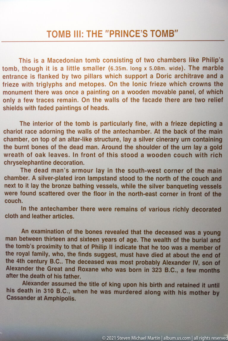 Museum panel identifying Tomb III as the Prince’s Tomb and describing its architecture, cremation burial, and rich grave goods.
