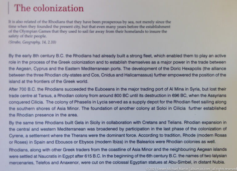 Museum text panel discussing Rhodian colonization, maritime power, trade, and settlements in the eastern Mediterranean.