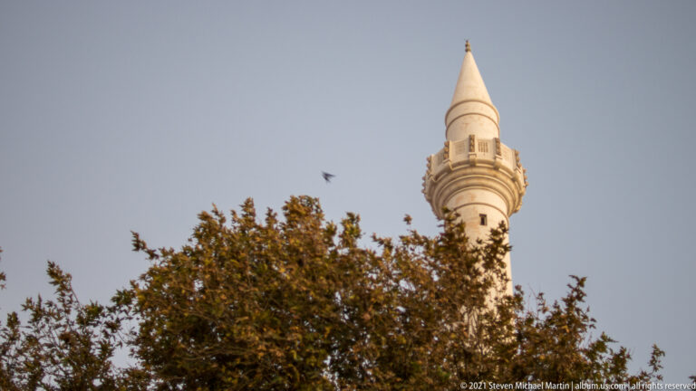 Slender pale minaret with a balcony and conical cap rising above a leafy tree.