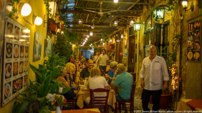 Busy outdoor restaurant in a narrow covered lane, with diners, a server, plants, and hanging lanterns.