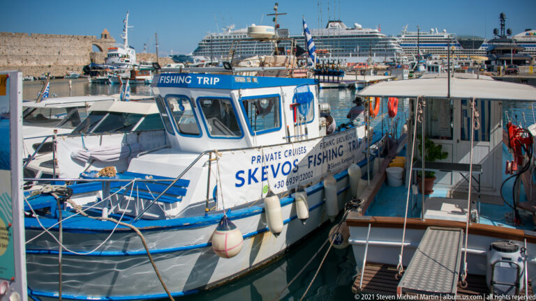 Small excursion boats moored in a marina, with fishing-trip signs and a large cruise ship behind.