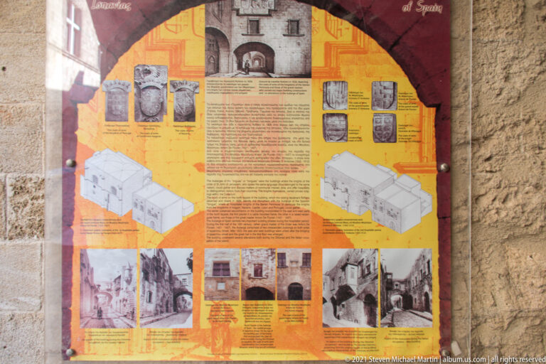 Illustrated heritage panel with historic photographs, building diagrams, coats of arms, and explanatory text.