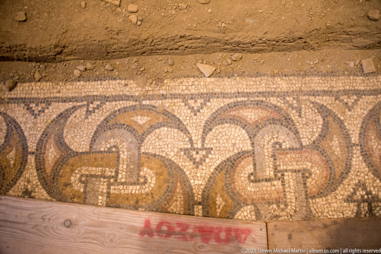 Partly excavated mosaic strip with curling dark and ocher vegetal motifs beneath a rough earthen edge and wooden barrier.