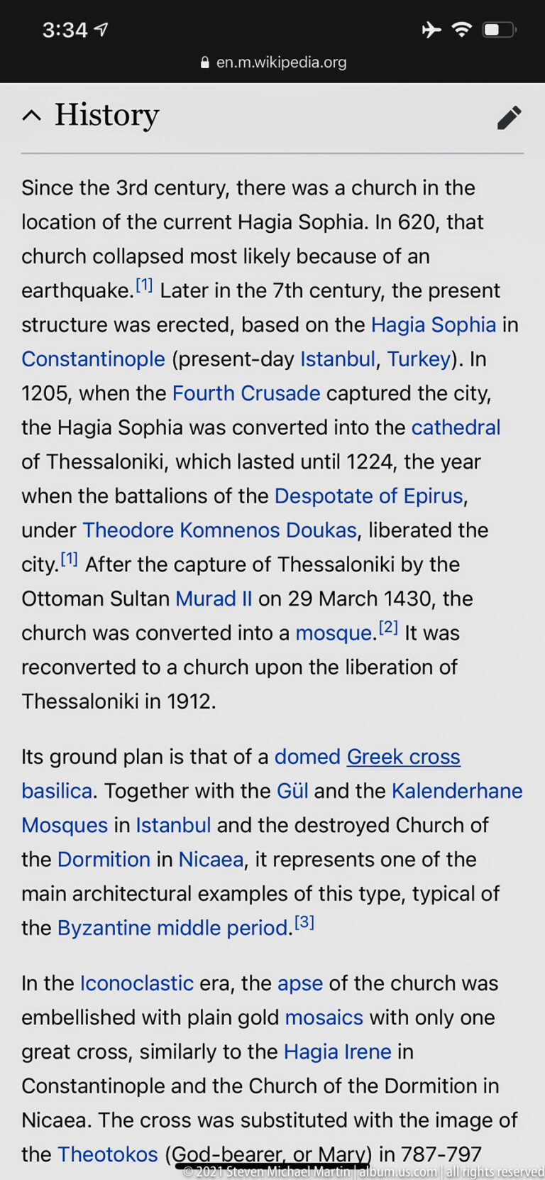 Screen displaying English reference text about Hagia Sophia in Thessaloniki with blue hyperlinks.