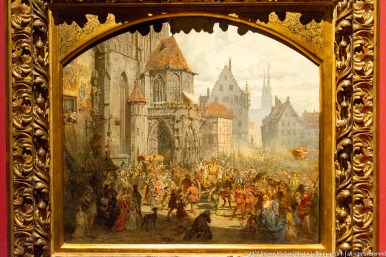 Historical painting of a crowded ceremonial procession with riders, banners, soldiers, and spectators in old Nuremberg.