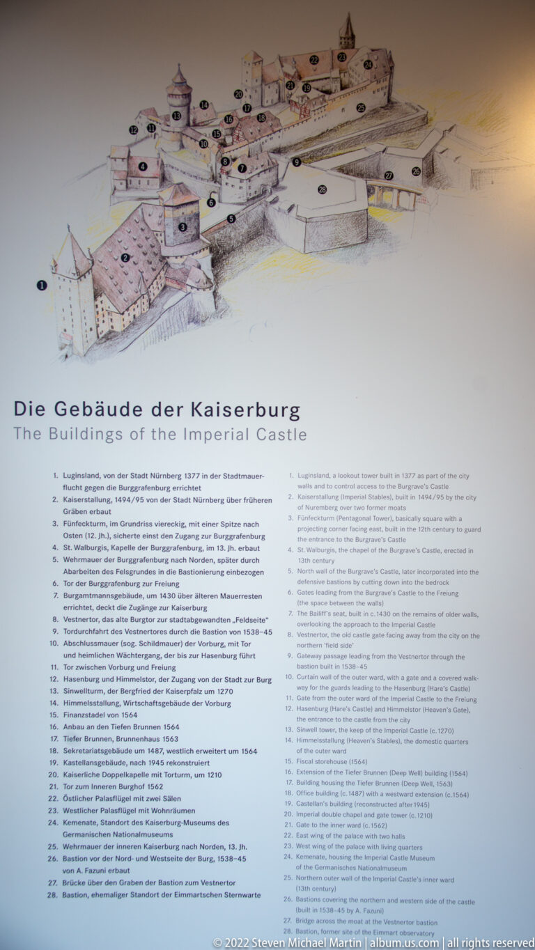 Bilingual panel titled The Buildings of the Imperial Castle with a numbered perspective diagram and explanatory key.