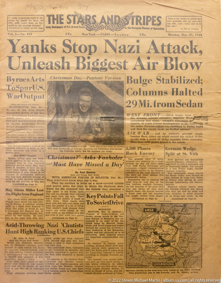 Displayed Stars and Stripes newspaper with the large headline “Stop Nazi Attack, Unleash Biggest Air Blow.”