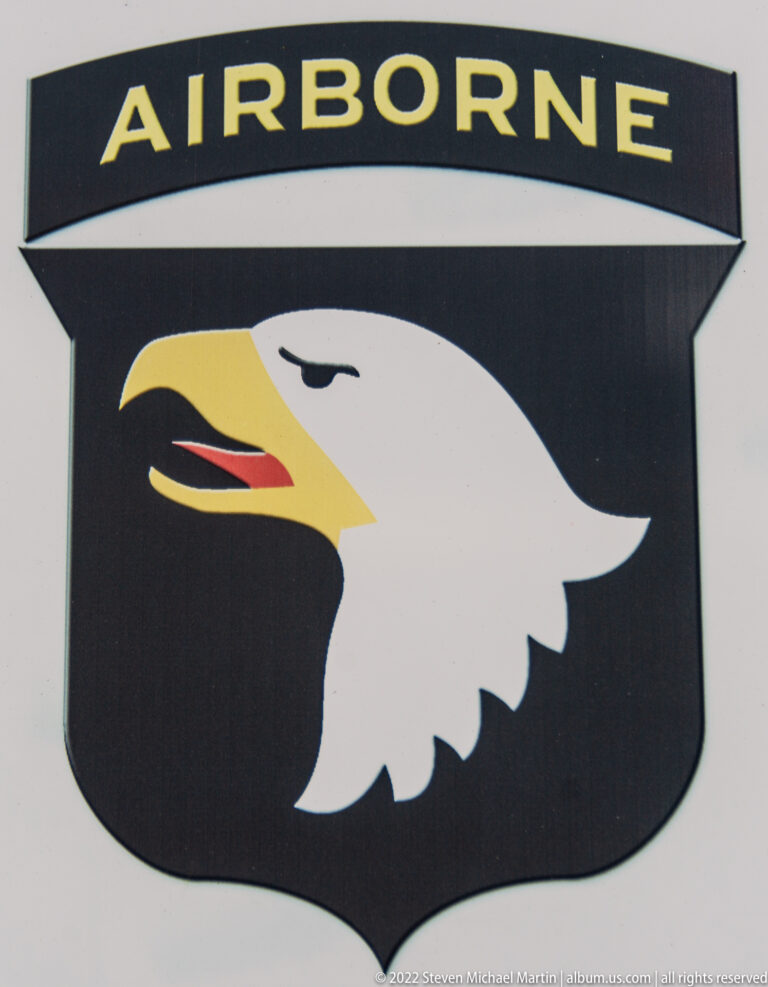 White eagle head on a black shield beneath a yellow AIRBORNE tab.