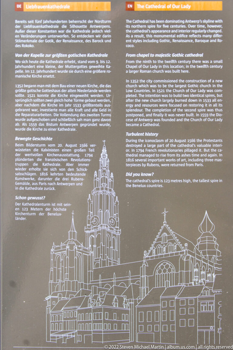 Multilingual historical interpretation panel for the Cathedral of Our Lady with a line drawing of the cathedral complex below.