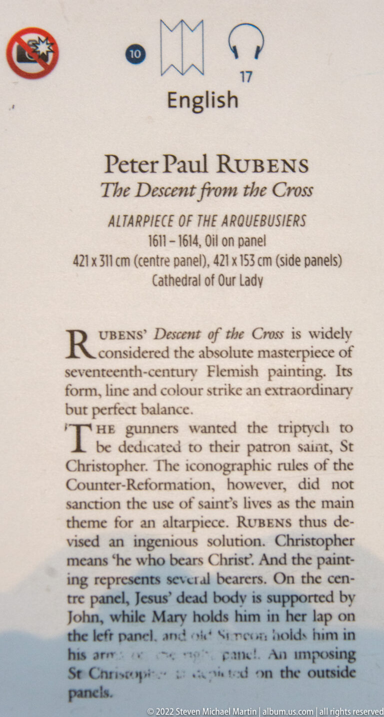 English museum label for Peter Paul Rubens’s The Raising of the Cross, dated 1611–1614, in Antwerp Cathedral.