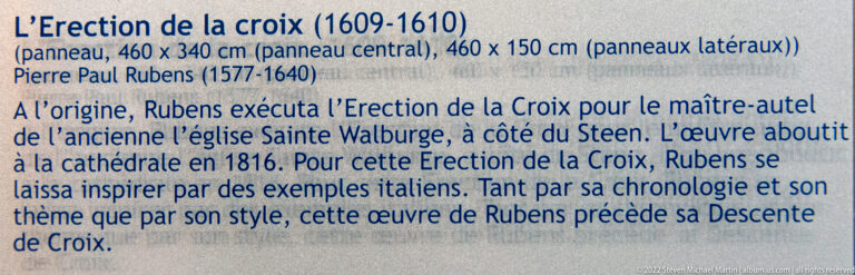 French museum label for Peter Paul Rubens’s L’Érection de la Croix, dated 1609–1610, with provenance information.