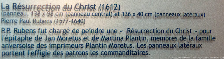 French museum label for Rubens’s Résurrection du Christ, dated 1612, with information about Jan Moretus and Martina Plantin.