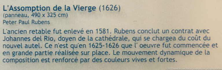 French museum label for Peter Paul Rubens’s Assomption de la Vierge, dated 1626, with commissioning information.