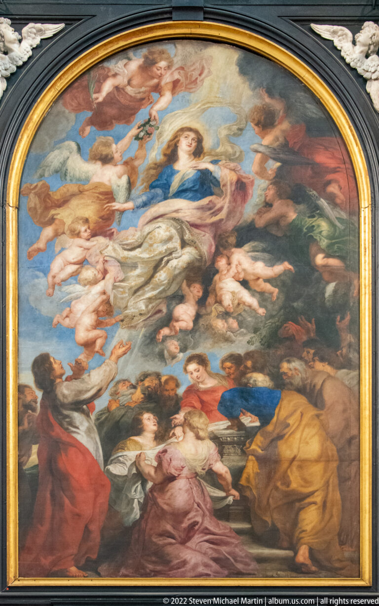 Rubens’s Assumption of the Virgin, with Mary rising among angels above apostles and witnesses in a large arched painting.