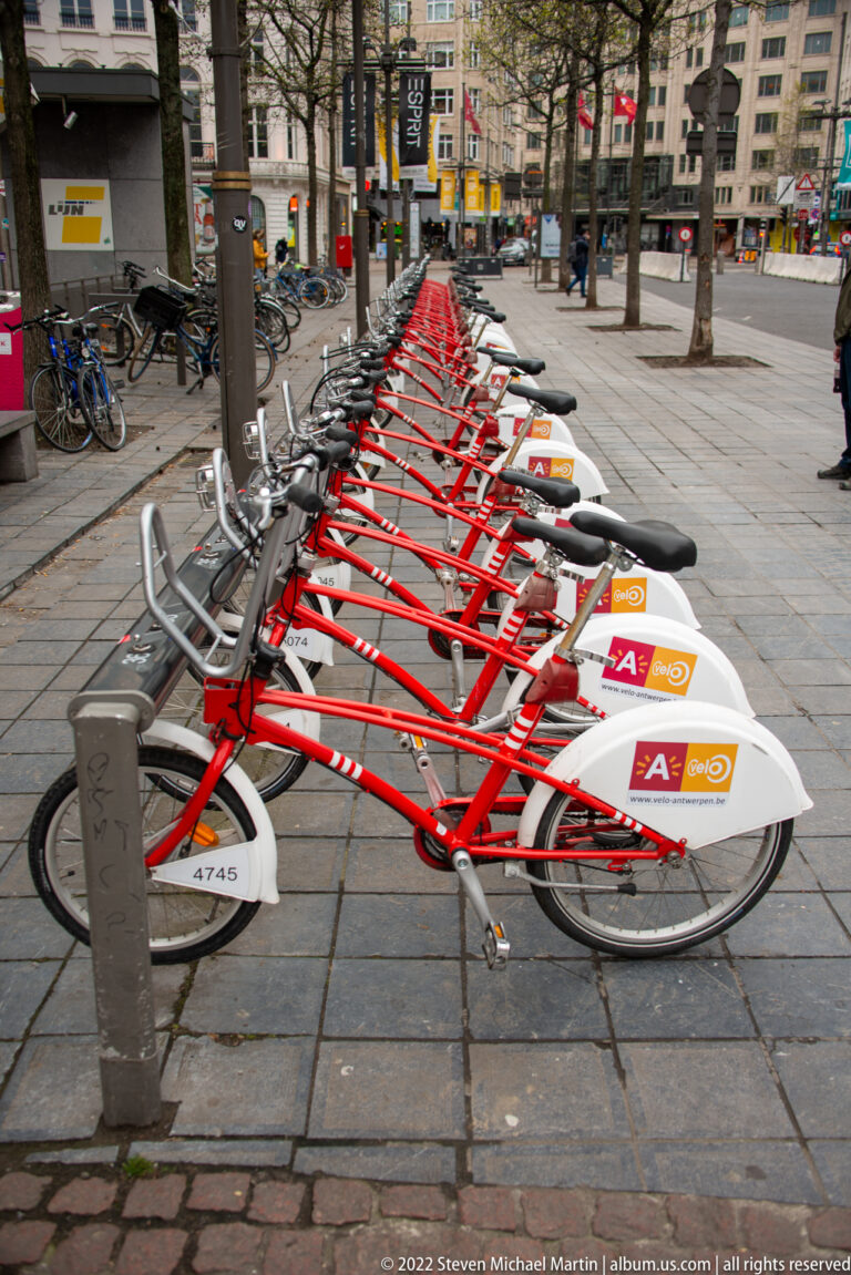 Row of red-and-white shared bicycles docked closely together along a paved street in central Antwerp.