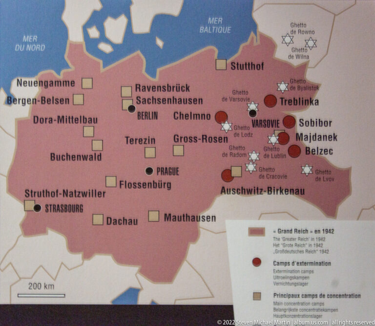 Map of Nazi-controlled Europe marking concentration and extermination camps including Auschwitz-Birkenau, Treblinka, Sobibor, and Belzec.
