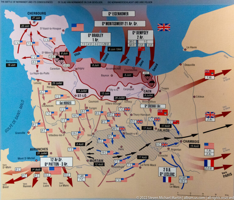 Military map of Normandy showing Allied landings, unit symbols, arrows, and battle movements around Caen, Avranches, and Falaise.
