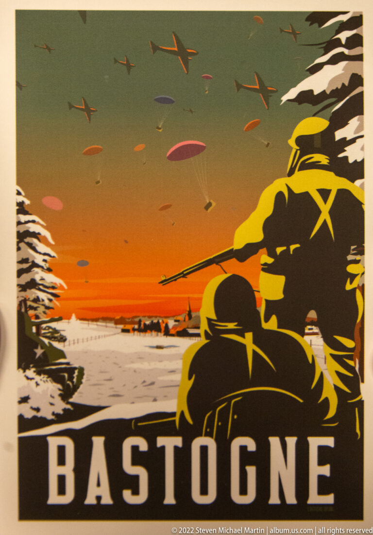Graphic poster with silhouetted soldiers, aircraft, snowy trees, and the word BASTOGNE across the bottom.
