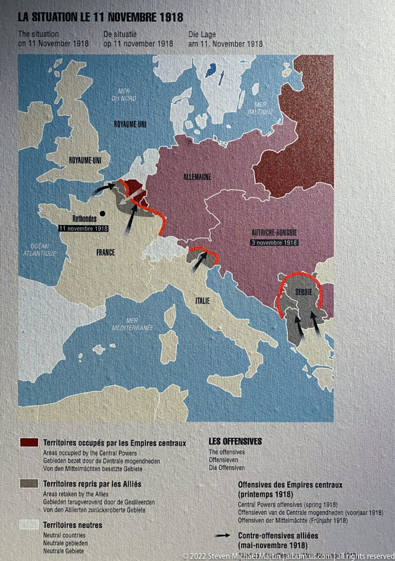 Printed museum map of Europe showing the situation on 11 November 1918 with shaded territories and red arrows.
