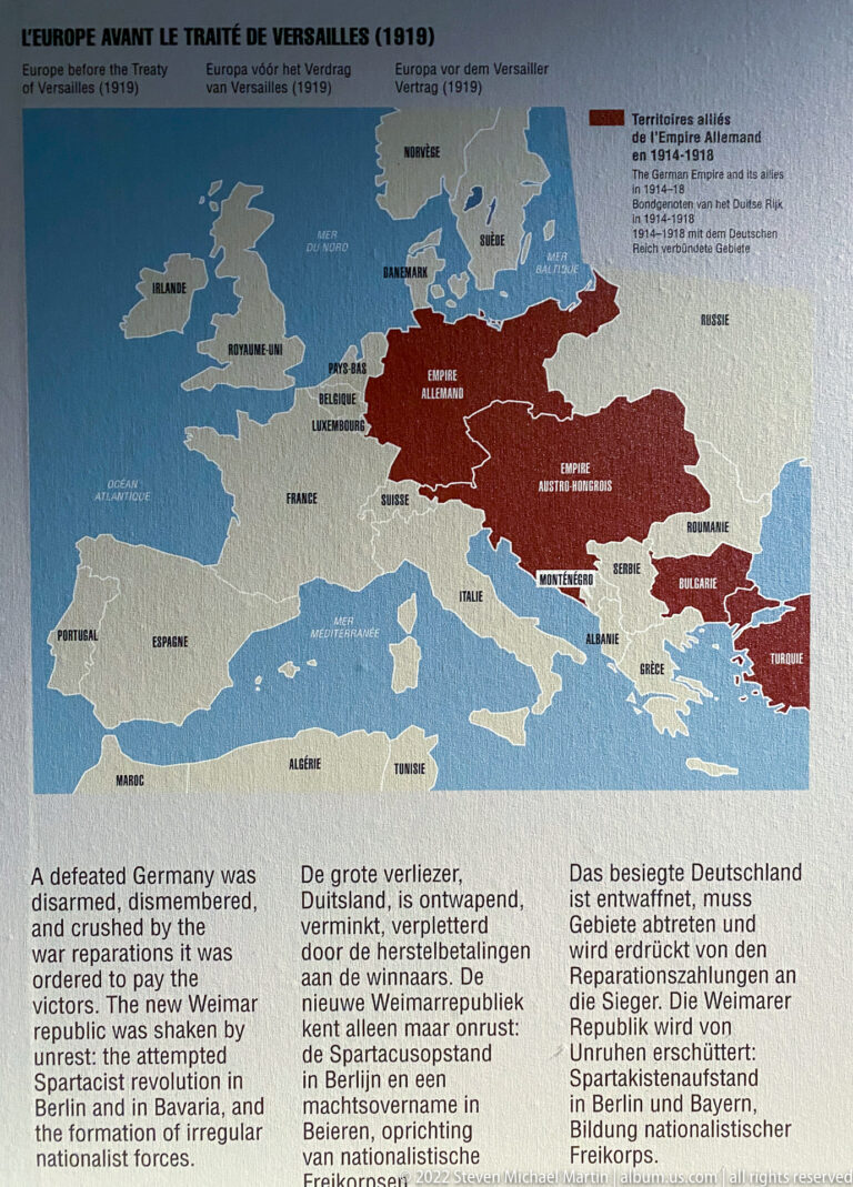 Museum map of Europe after the 1919 Treaty of Versailles, with Germany and territorial changes highlighted.