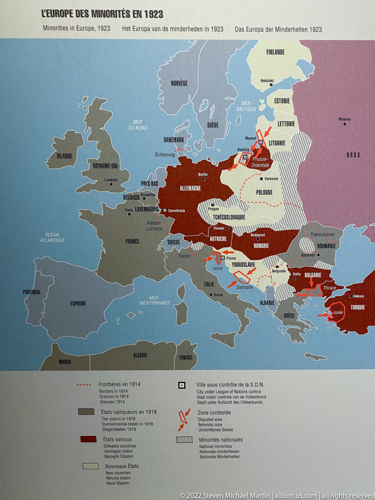 Interwar map of Europe dated 1923 with colored regions, hatching, borders, and migration arrows.
