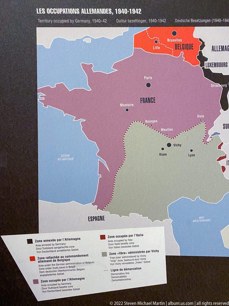 Museum map of German occupation zones in Western Europe from 1940 to 1942.