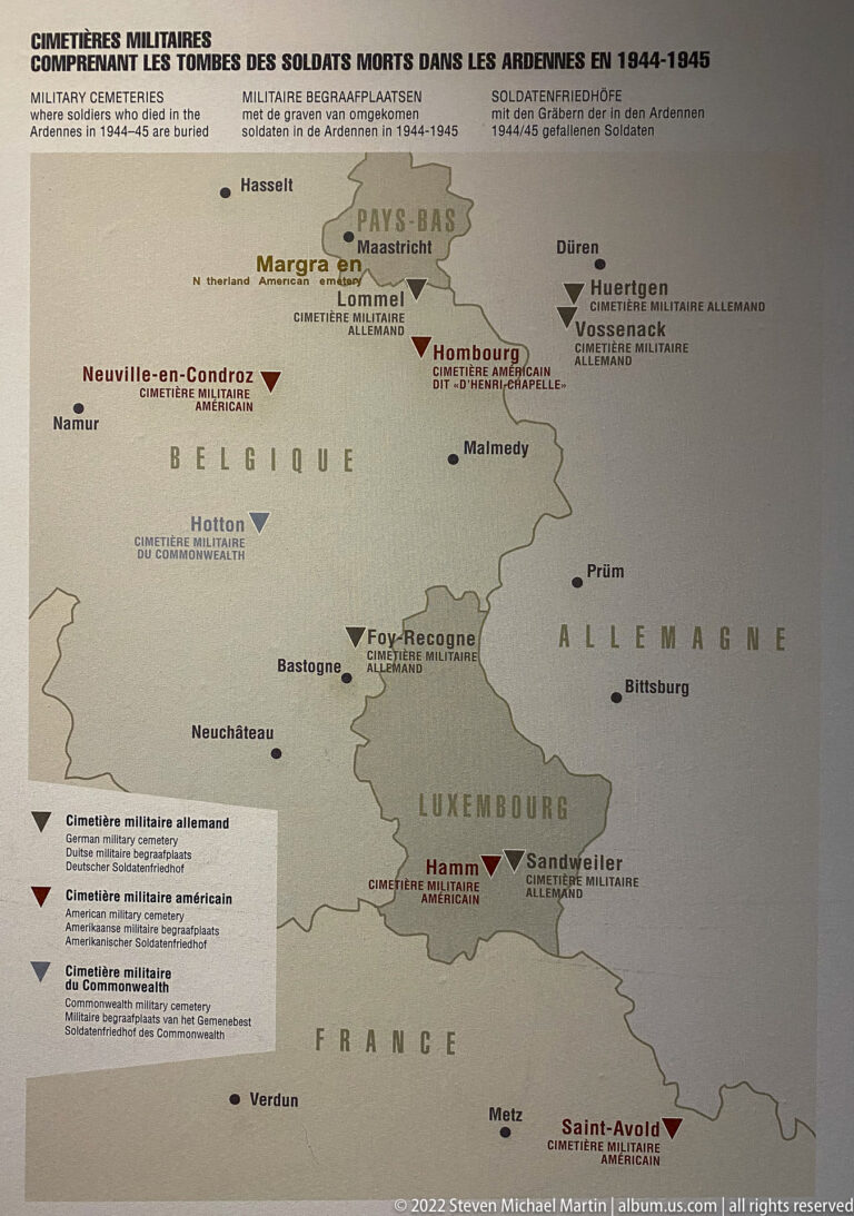 Museum map locating military cemeteries and soldiers’ graves across the Ardennes region in 1944–1945.
