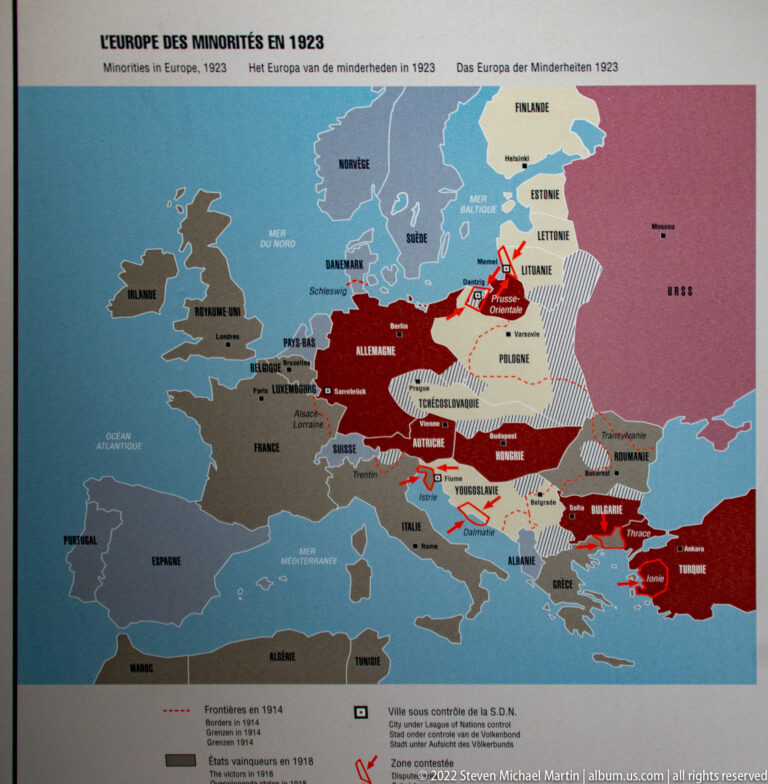 Color map of Europe in 1923 with shaded states, hatched minority regions, borders, and explanatory legend.