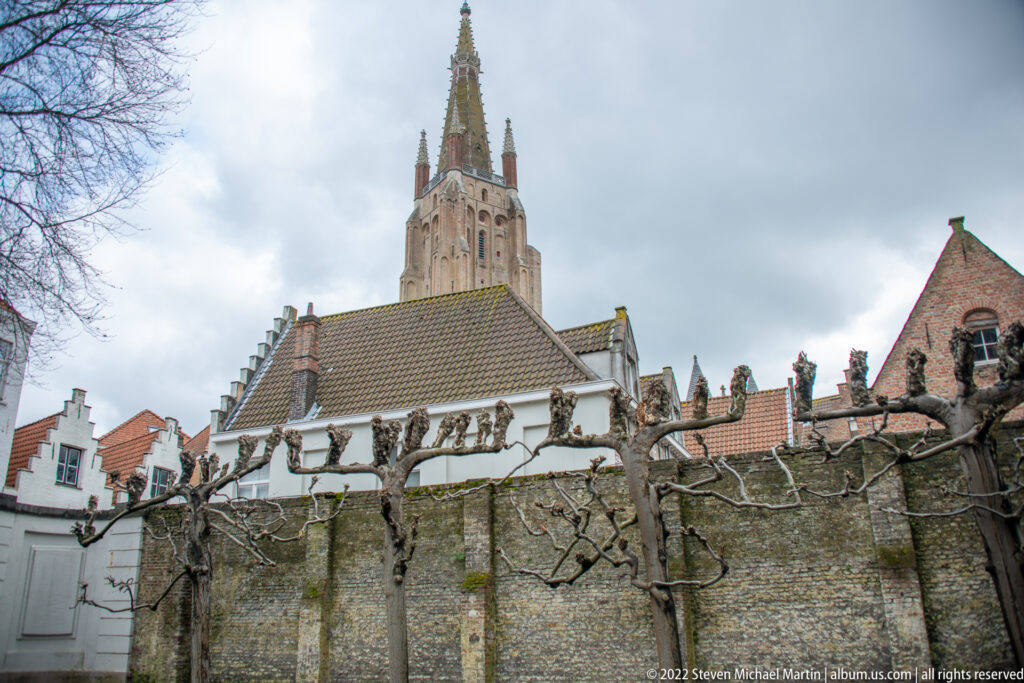 Tall brick Gothic church tower with pinnacles rising behind tile roofs, stone walls, and pollarded trees in Bruges.