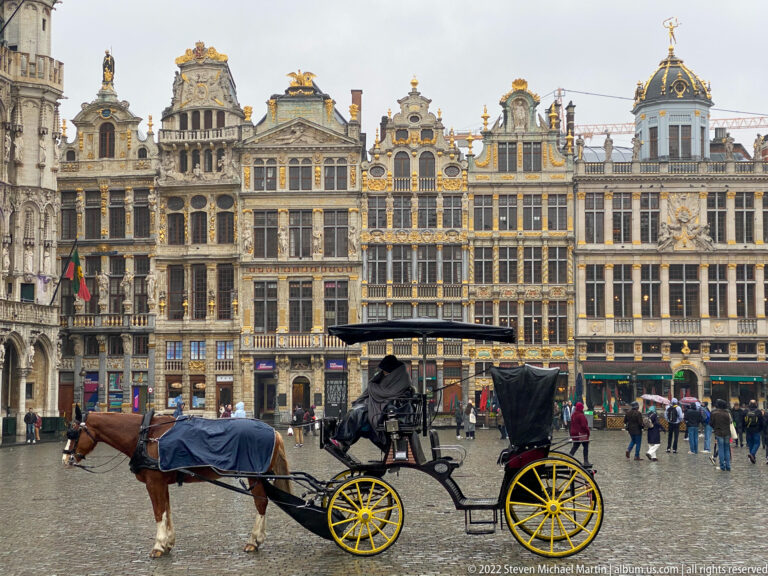 Black horse-drawn carriage with yellow wheels in profile before ornate Grand-Place guildhouses and pedestrians.
