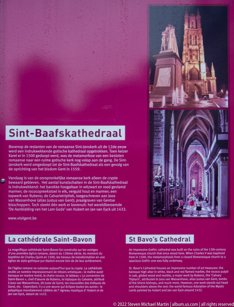 Magenta interpretive panel labeled for Saint Bavo's Cathedral with exterior and interior photographs and multilingual text.