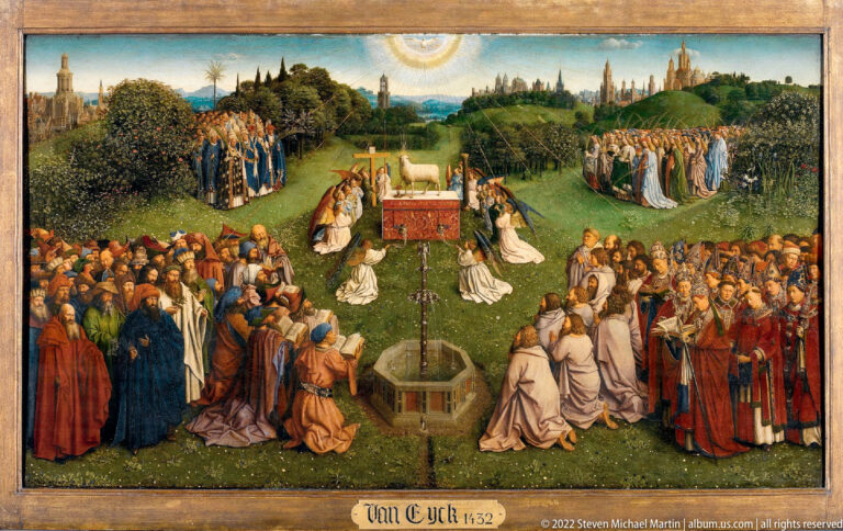 Reproduction of the Adoration of the Mystic Lamb with worshippers surrounding the Lamb on an altar in a green landscape.
