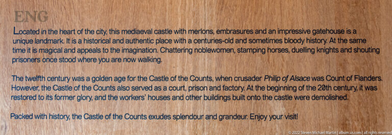 English interpretive panel describing the history and later uses of Ghent's Castle of the Counts.