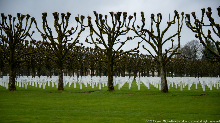 Rows of white grave crosses spread beneath heavily pruned trees across the cemetery lawn.