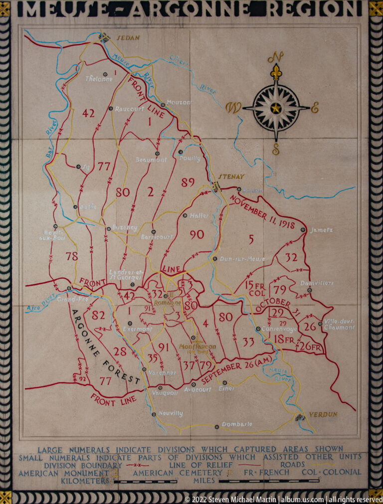 Close-up of the Meuse-Argonne campaign map showing red front lines, numbered units, rivers, and place names.