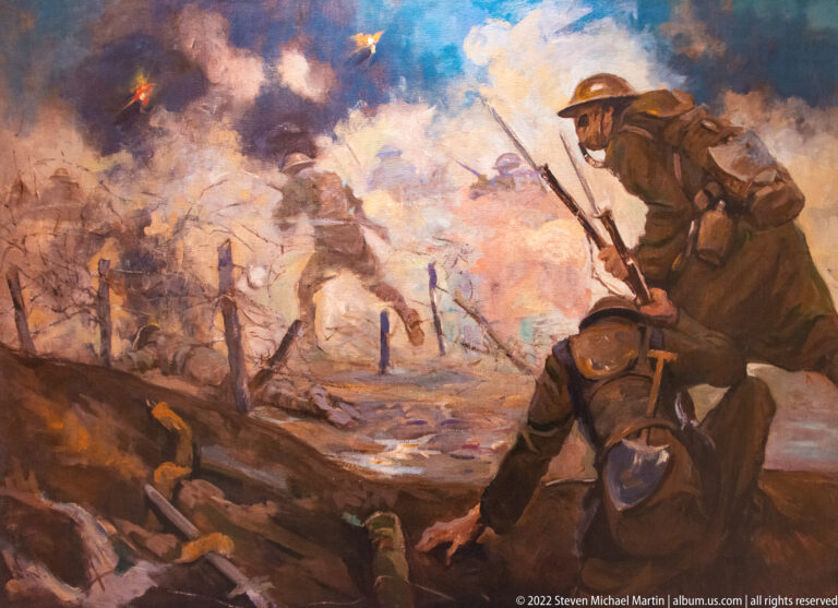Painted battle scene with American soldiers advancing through smoke, rubble, and shell-damaged terrain.