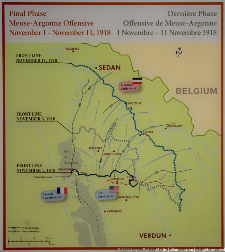 Campaign map showing the final Meuse-Argonne offensive, with front lines and arrows advancing toward Sedan.
