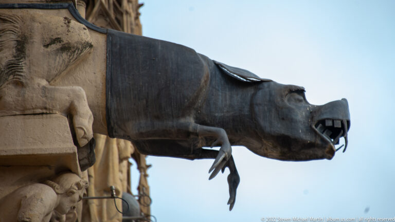 Profile of a large boar-like stone gargoyle with open mouth, teeth, and dangling forelegs.