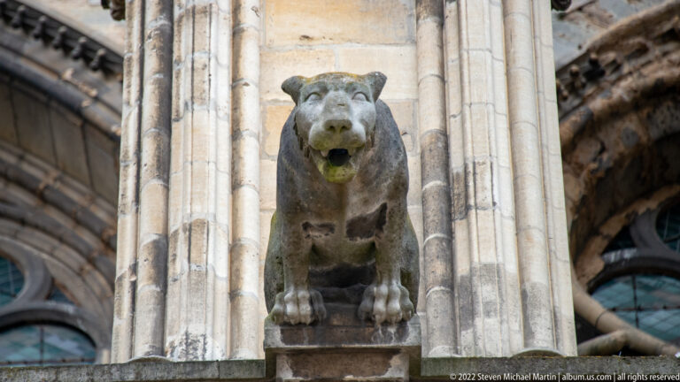 Front-facing seated stone beast with open mouth and paws on a Gothic church exterior.
