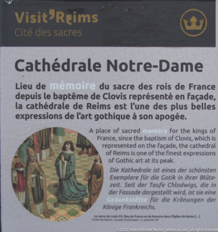 Interpretive panel headed “Cathédrale Notre-Dame” with multilingual text and a small historical illustration.