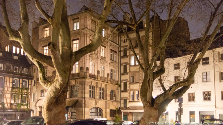 Ornate historic corner building with lit windows and balconies framed by large leafless plane trees at night.