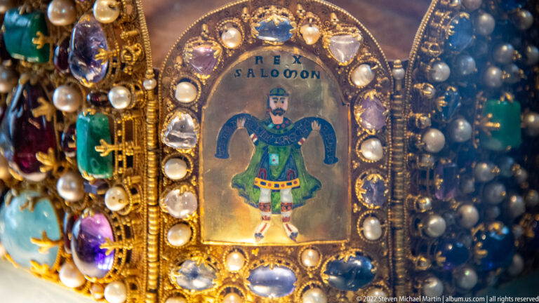 Enamel panel inscribed REX SALOMON with a crowned figure, surrounded by pearls and gemstones.