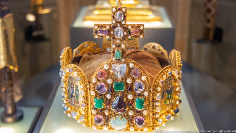 Fuller view of the jeweled St. Stephen's Purse replica with cross, pearls, gemstones, and enamel panels.