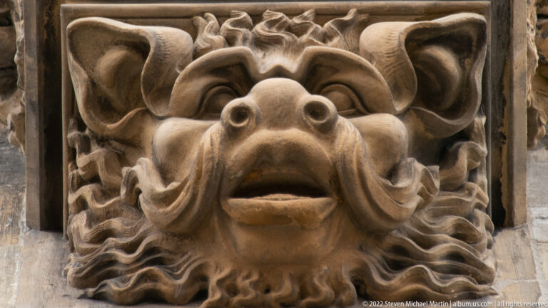Carved stone grotesque with bulging eyes, blunt muzzle, curled horn-like ears, and a textured mane.
