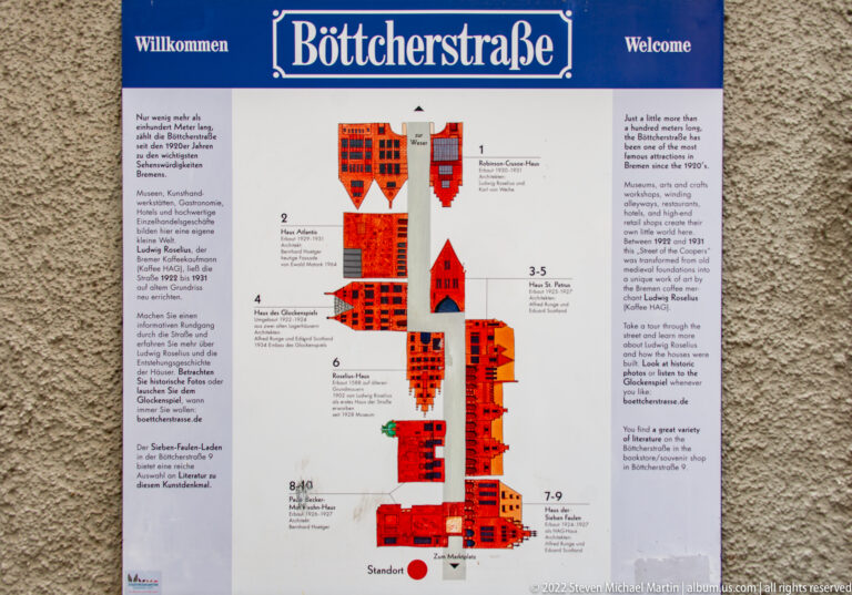 Blue-and-white Böttcherstraße visitor sign with bilingual text and a red building map.