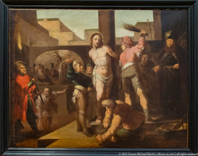 Religious painting of partially stripped Christ surrounded by a crowd in a dramatic Passion scene.
