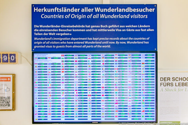 Information board with bilingual text and a dense grid of national flags showing visitor origins.