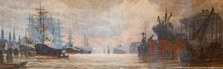 Painted industrial harbor with steamships, sailing vessels, cranes, masts, and dock structures in smoky haze.
